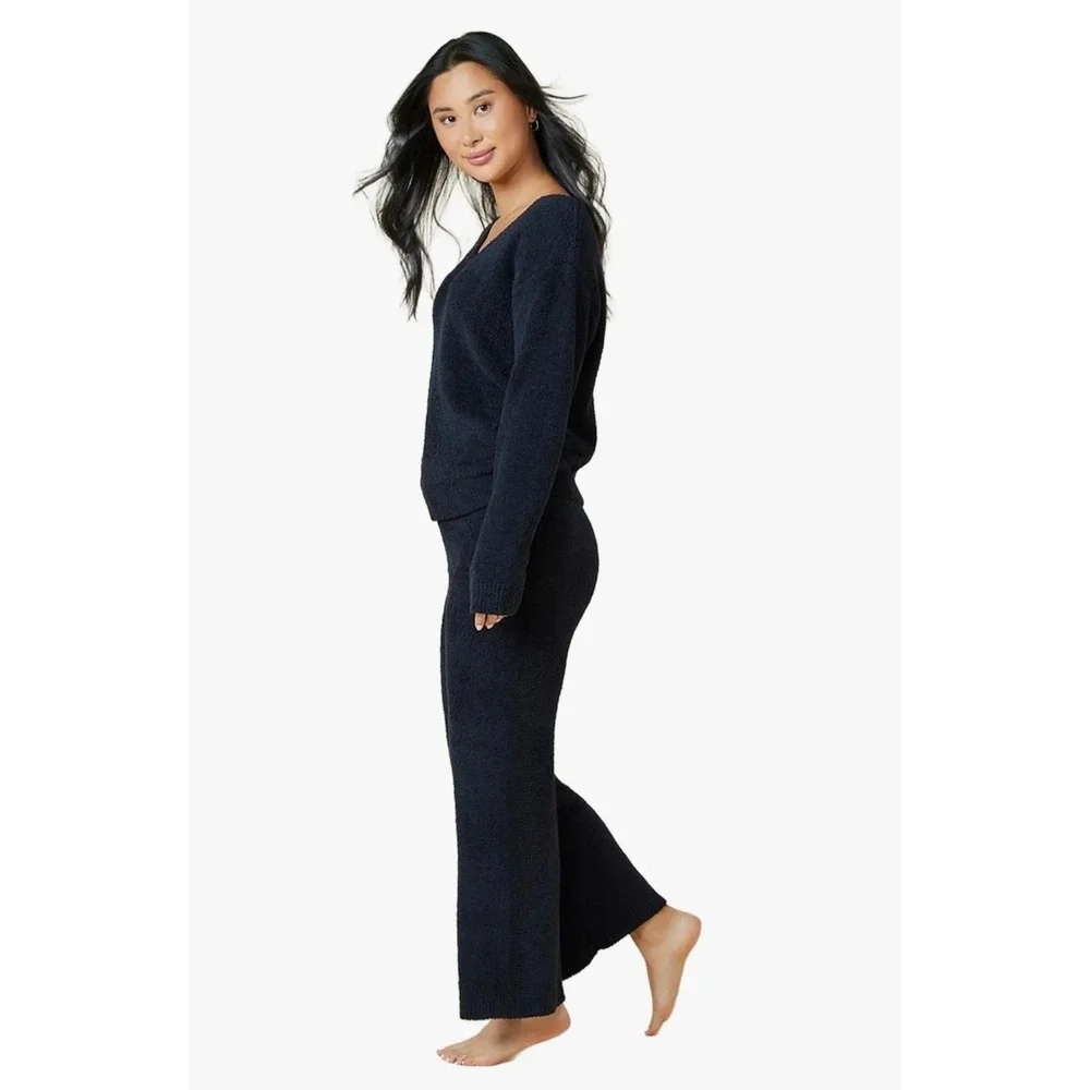 Softies Marshmallow V-Neck Lounge Set Womens Size L Black Cozycore Loungewear